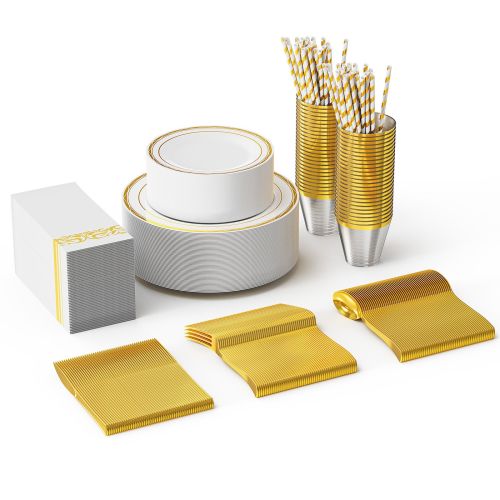 Set Of 50 Flat Plastic Round Gold Disposable Cutlery Containing Large And Small Plates, Cups, Cutlery, Paper Towels, Straws Set Of 50 Flat Plastic Round Gold Disposable Cutlery Containing Large And Small Plates, Cups, Cutlery, Paper Towels, Straws